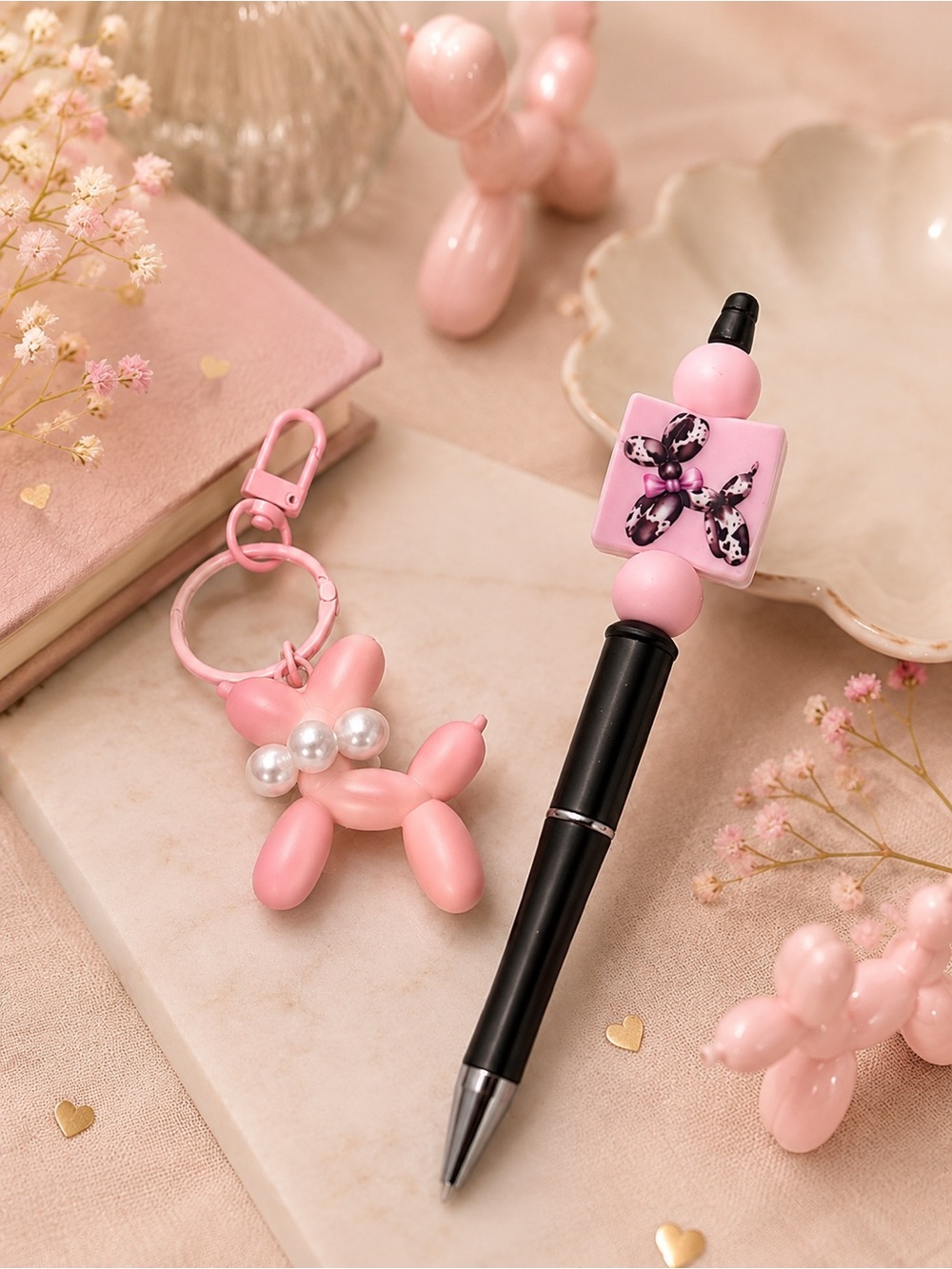 Pink Balloon Dog Keychain/bag charm with handmade beaded Pen Set